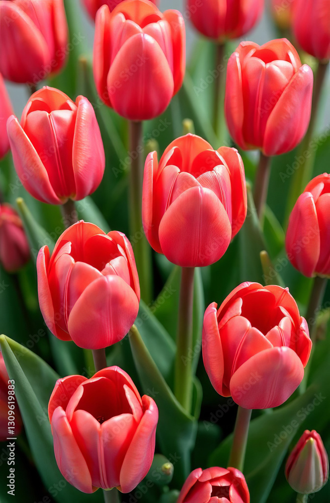 3D tulips, pattern of red tulips, place for text, flowers background 3D tulips, pattern of red tulips, place for text, flowers background