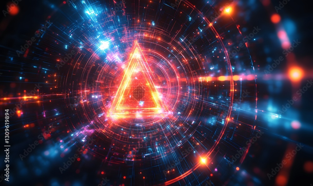 Abstract Glowing Triangle Portal with Digital Grid and Particle Stream Abstract Glowing Triangle Portal with Digital Grid and Particle Stream