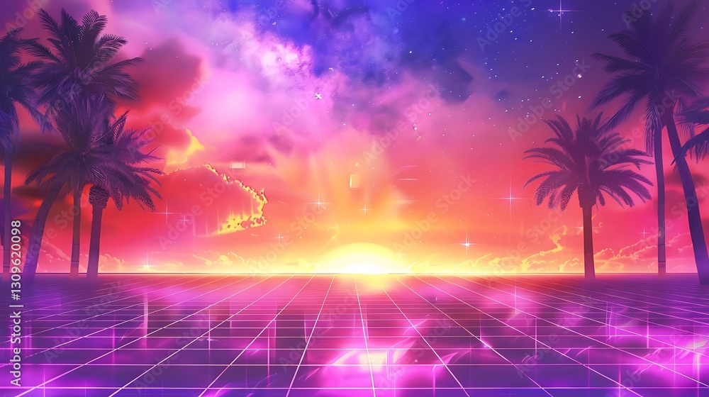 Naklejka premium Synthwave Sunset: Retro Paradise