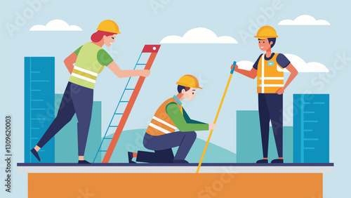 Workers clad in safety gear using precision measuring tools to ensure the panels are evenly spaced and aligned on the rooftop.. Vector illustration