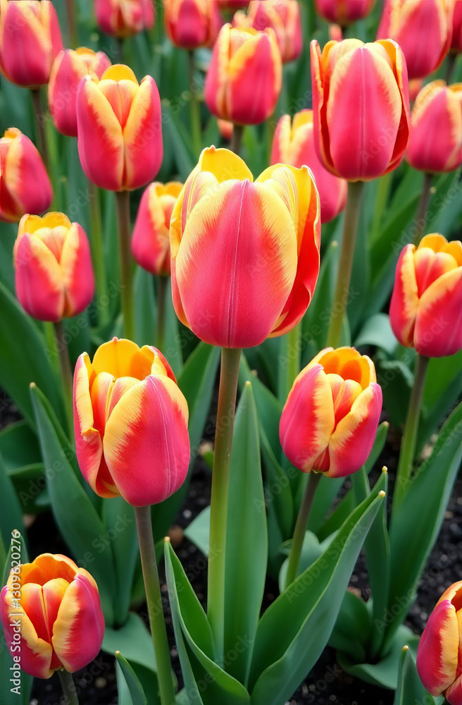 3D tulips, pattern of red tulips, place for text, flowers background 3D tulips, pattern of red tulips, place for text, flowers background