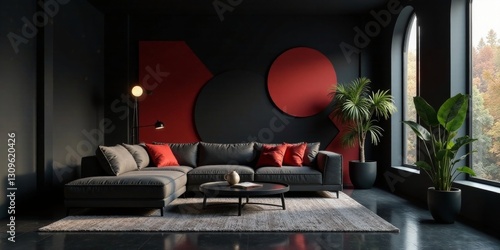 Modern dark living room interior design with sectional sofa, red accents, and large potted plants near arched windows