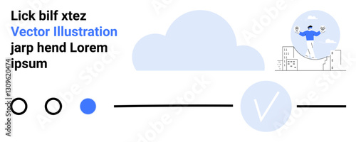 Cloud graphic with abstract person on tightrope above cityscape, text sample, and simple shapes in black, white, and blue. Ideal for web design, landing pages, creative projects, technology