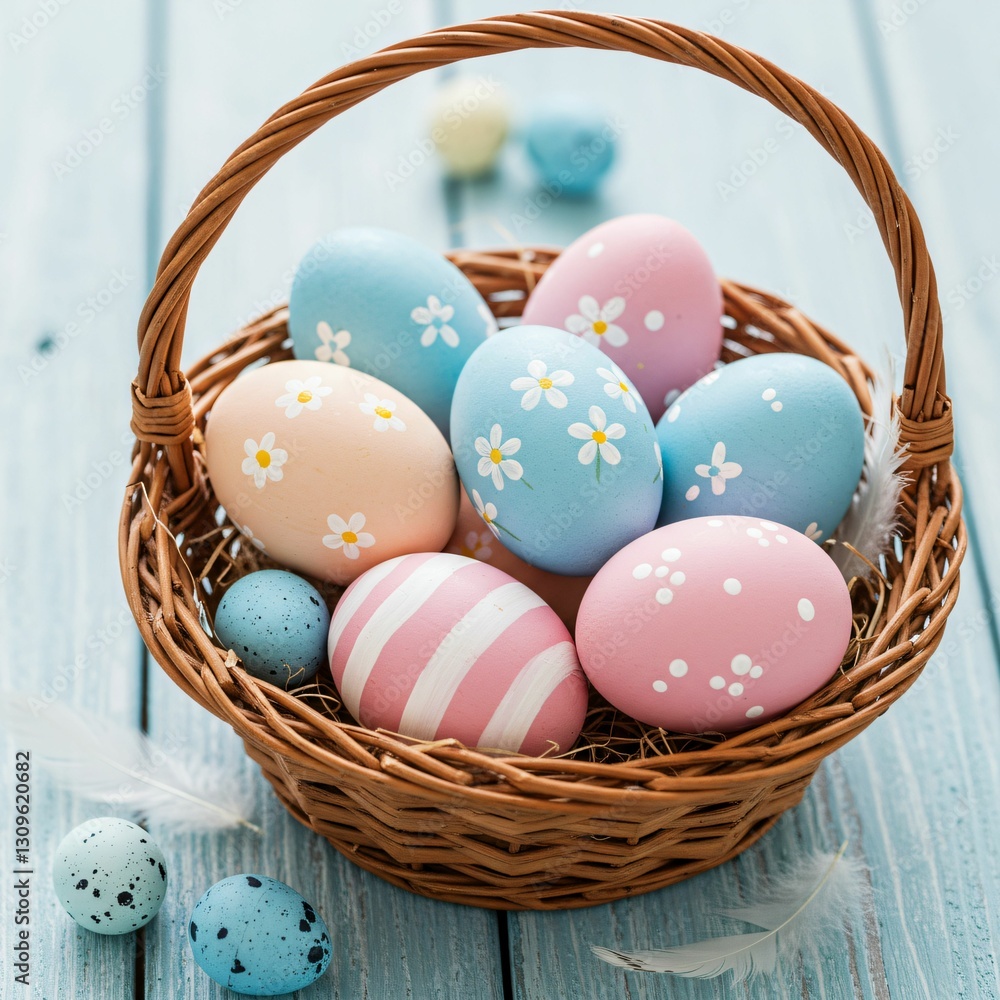 Wicker basket filled with pastel-colored Easter eggs Wicker basket filled with pastel-colored Easter eggs