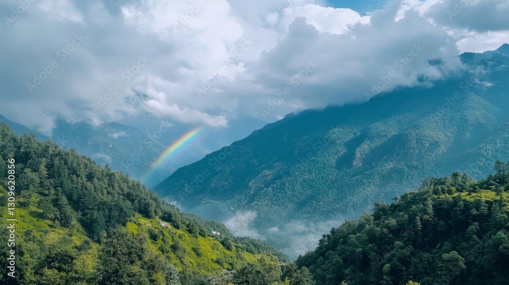 Fototapeta premium Breathtaking Rainbow Over Vibrant Mountain Landscape Unfolds