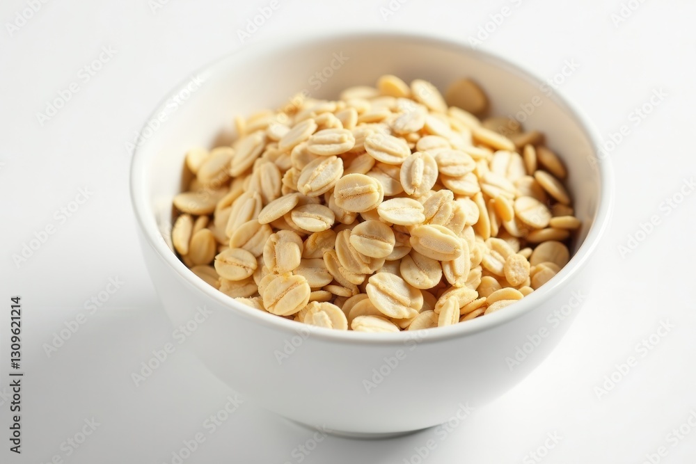 Rolled oats in a white bowl against white backdrop , breakfast food, close-up Rolled oats in a white bowl against white backdrop , breakfast food, close-up