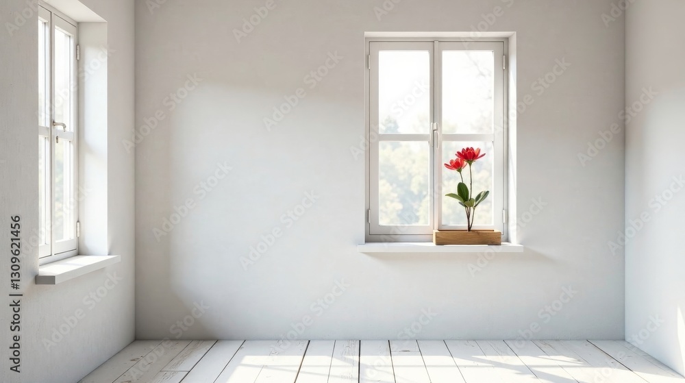 Bright Room Interior Design with White Walls and Wooden Floor Featuring a Window with Red Flowers Bright Room Interior Design with White Walls and Wooden Floor Featuring a Window with Red Flowers