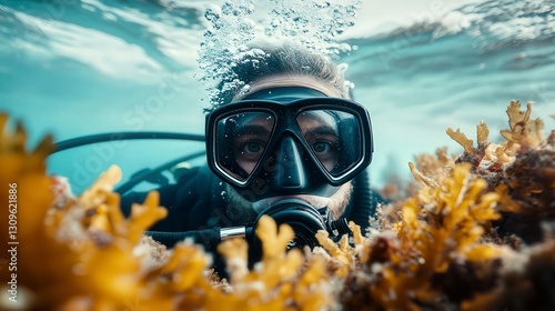 Wallpaper Mural diver in the sea, underwater life, coral blue water, diver is underwater Torontodigital.ca