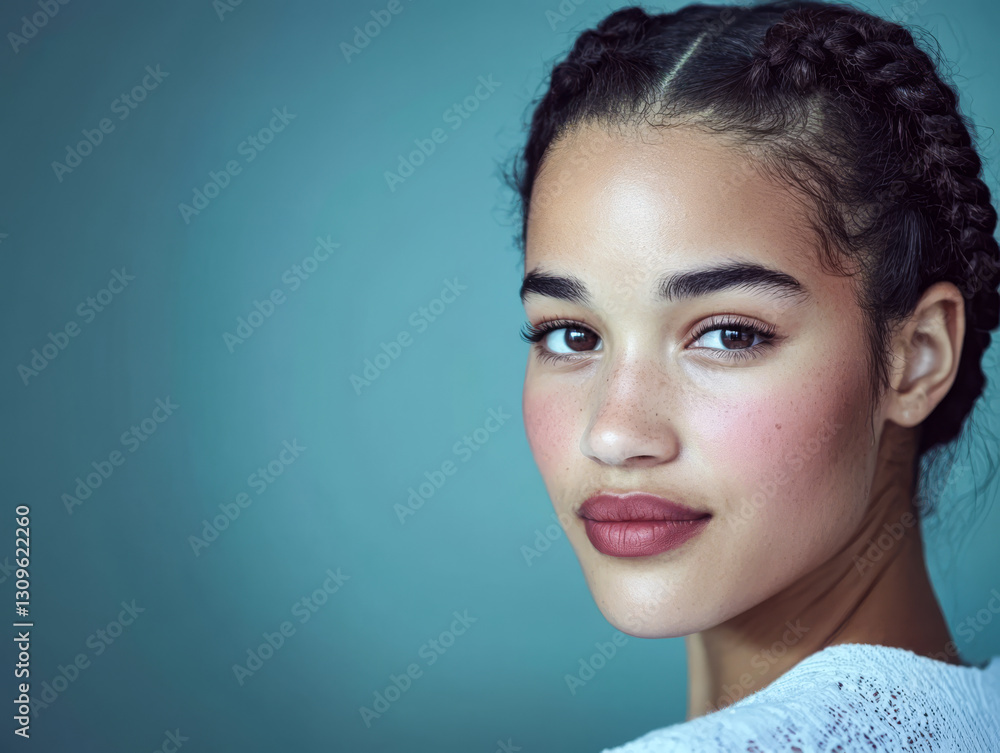 Naklejka premium Portrait of a young woman with braided hair against a blue backdrop in a serene environment