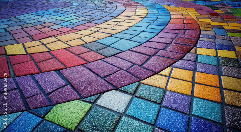 Fototapeta premium A bright mosaic features a variety of colorful square tiles arranged artistically on the ground in a public space