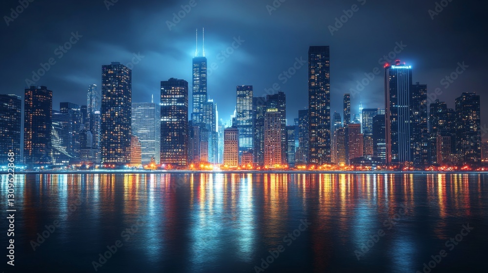 Obraz premium Breathtaking City Skyline Spectacle at Night with Reflective Water