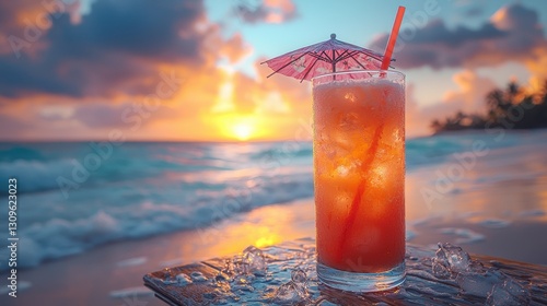 A vibrant cocktail with a pink umbrella sits on a table by the beach during sunset. Waves lap at the shore, creating a serene atmosphere.