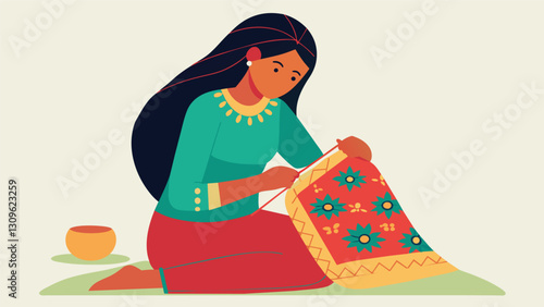 A young woman carefully embroiders a traditional pattern onto a garment each stitch representing a story passed down through generations as she finds. Vector illustration