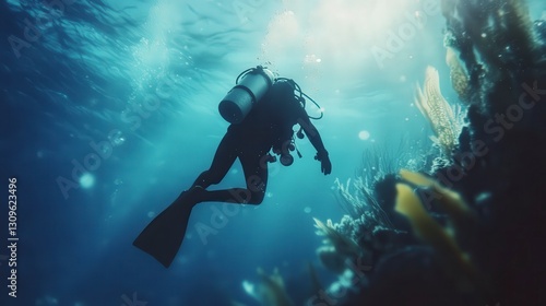 Wallpaper Mural diver in the sea, underwater life, coral blue water, diver is underwater Torontodigital.ca