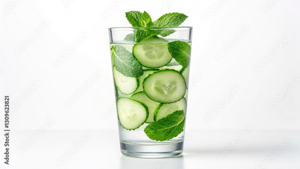 Refreshing glass of detox water with cucumber and mint leaves Refreshing glass of detox water with cucumber and mint leaves