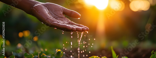 Close-up of hands holding water, spilling over with sunlight in the background
