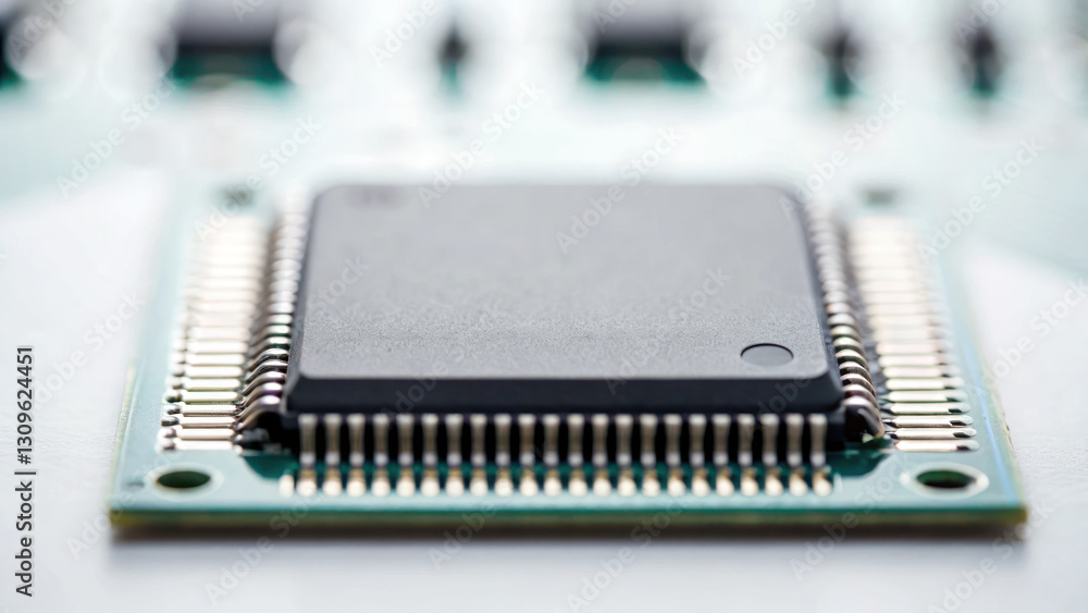 close up of circuit board with single microchip in focus, showcasing intricate details and connections