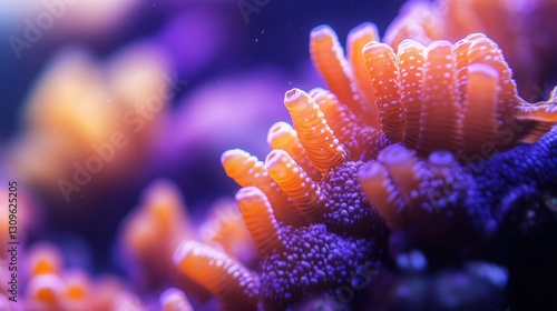 Intense purples and oranges intertwine in this vibrant coral close-up, set against an alluring deep blue backdrop, its curves elegantly sweeping to the left photo