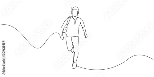 continuous line drawing of a man running. One line drawing of a running man seen from the front. Suitable for photos of chasing dreams, chasing transportation, delay, sports