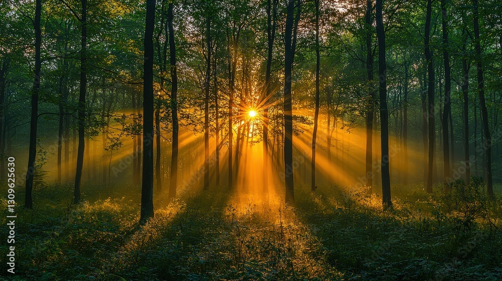 Fototapeta premium Sunbeams pierce misty forest at dawn (1)