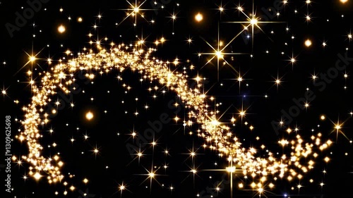 Abstract golden stars trail rotating on a black background, creating a magical and festive atmosphere, perfect for holiday or celebration themed projects