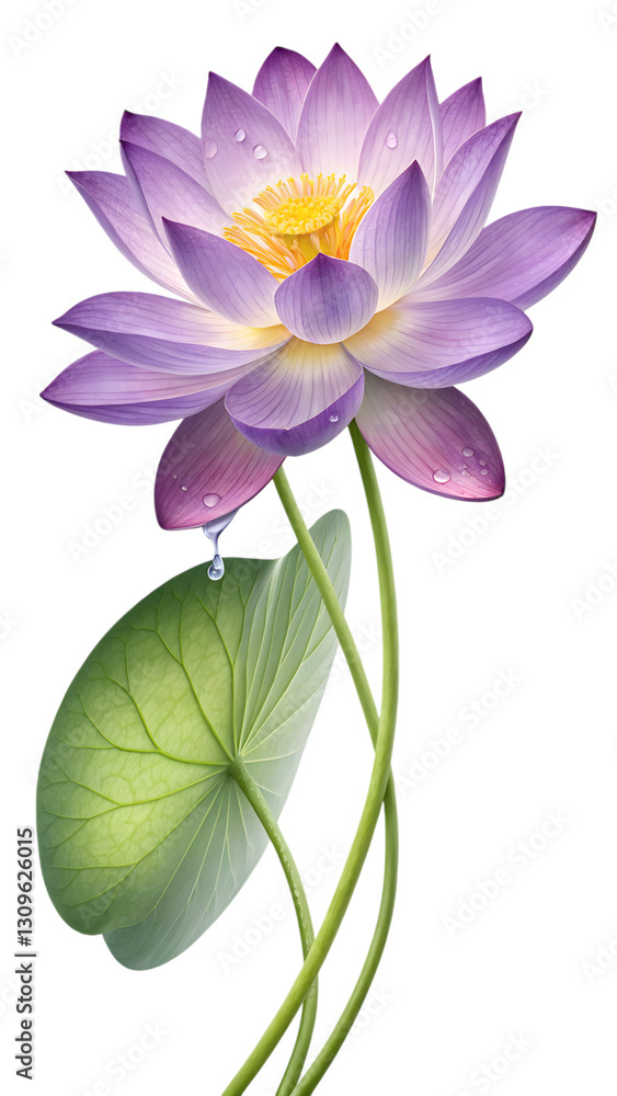 Serene Lotus: a lotus flower in full bloom, its delicate petals a soft lavender and vibrant yellow center. a symbol of purity and enlightenment, a gentle dewdrop graces the surface of its petals. Serene Lotus: a lotus flower in full bloom, its delicate petals a soft lavender and vibrant yellow center. a symbol of purity and enlightenment, a gentle dewdrop graces the surface of its petals.
