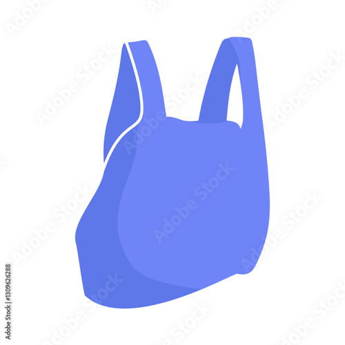 Crumpled plastic blue bag icon. Disposable polyethylene shopping sack with handles. Isolated full or empty package symbol. Wrinkled, lightweight, reusable or junk retail pack. Eco recycling concept.