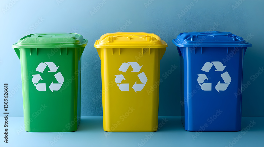 Recycling bins arranged in a row, showcasing proper waste separation for eco-friendly practices Recycling bins arranged in a row, showcasing proper waste separation for eco-friendly practices