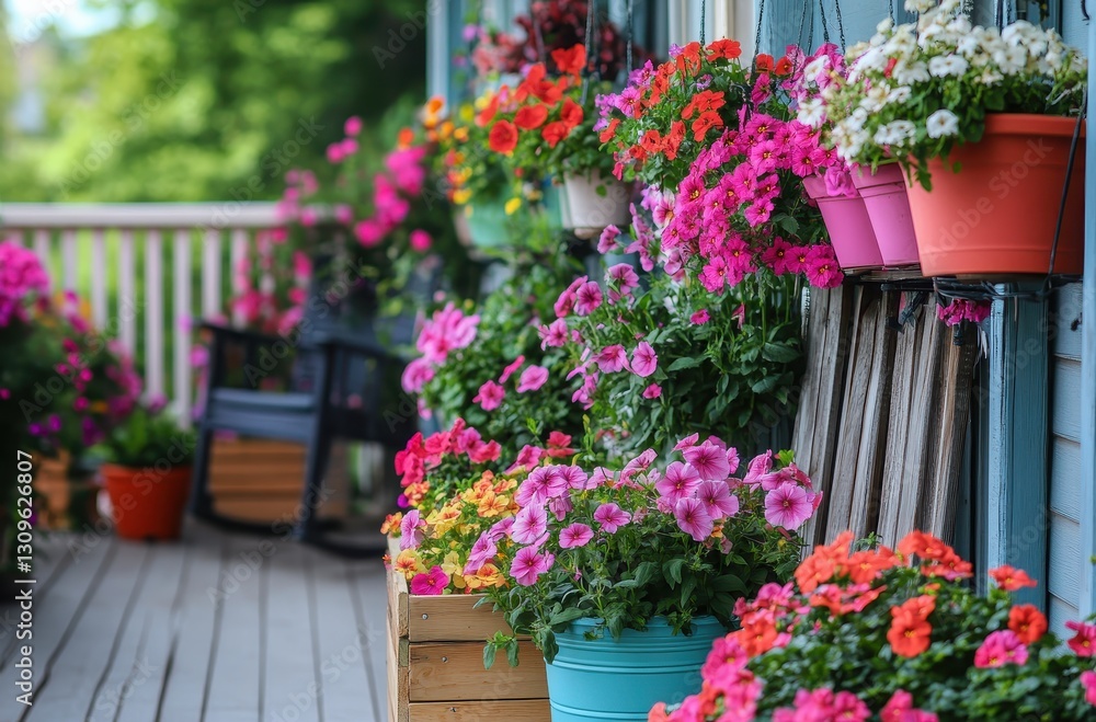 Fototapeta premium Vibrant Flower Pots in Bloom on a Charming Porch with Colorful Blossoms and Rustic Wooden Elements Surrounded by Lush Greenery and Natural Light