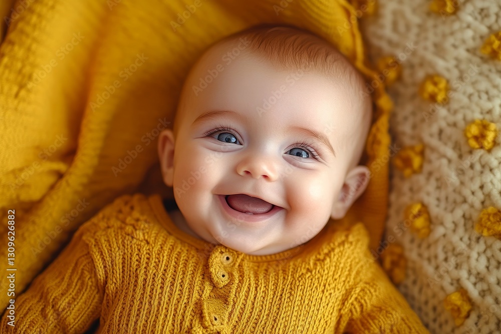 Happy Baby in Yellow Knitwear - Adorable baby smiles brightly while lying on a yellow and cream textured blanket Happy Baby in Yellow Knitwear - Adorable baby smiles brightly while lying on a yellow and cream textured blanket