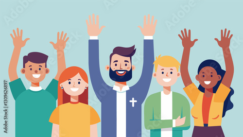 Participants of the church newcomers orientation excitedly raise their hands to ask questions about volunteer opportunities and ways to get involved.. Vector illustration