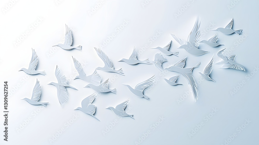 Flock of birds flying together in perfect synchronized formation with a minimalist paper cut aesthetic  The monochromatic silhouettes create a dynamic abstract