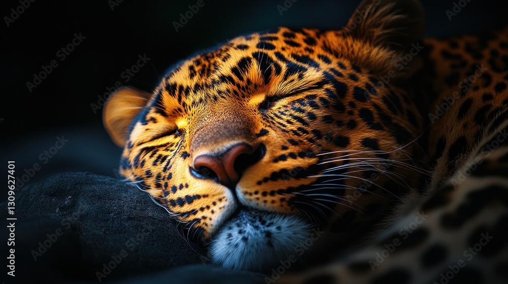 Obraz premium Sleepy Leopard in Dark Cave