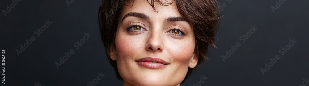 Fototapeta premium Confident woman with short hair smiling against a dark background in soft lighting