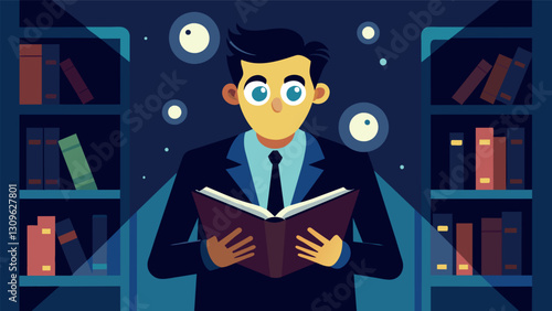 A mans eyes lit up as he found a rare first edition book at the estate sale instantly adding it to his personal library.. Vector illustration