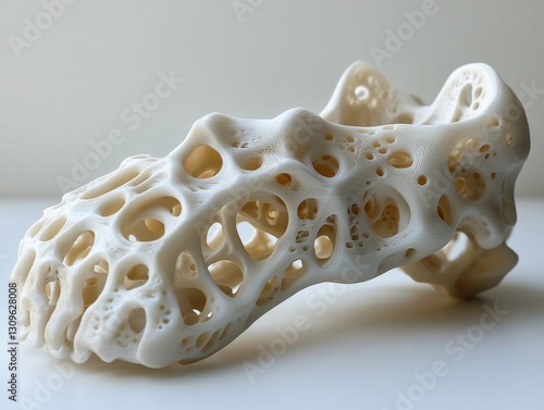 3D-Printed Bone Scaffold: A Detailed View of Advanced Bioengineering, Showcasing Intricate Porous Structure and Innovative Material Science on Clean White Background.