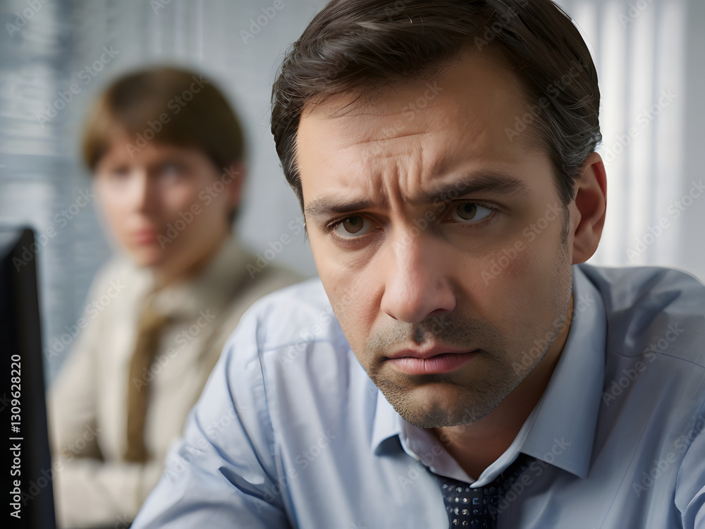 Intense Focus: A focused businessman appears deeply absorbed while working at his desk, his brow furrowed in concentration, with his female colleague showing a sign of concern in the background. Intense Focus: A focused businessman appears deeply absorbed while working at his desk, his brow furrowed in concentration, with his female colleague showing a sign of concern in the background.
