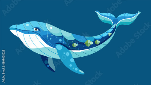 A lifesized whale sculpture made out of discarded plastic bags and packaging bringing awareness to the dangers of ocean pollution.. Vector illustration