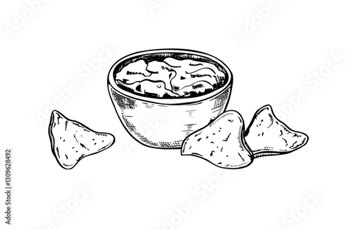 Nachos and salsa sauce bowl vector hand drawn realistic graphic sketch illustration. Mexican traditional triangle corn chips with guacamole dip. Fast food snack for menu design, branding design.
