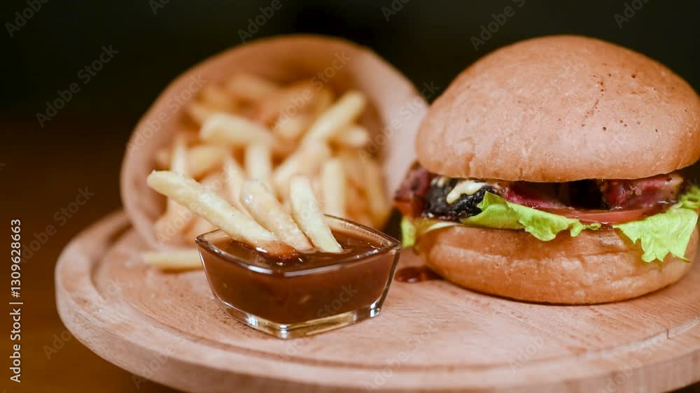Hamburger and french fries on a board. Cheeseburger and fries with ketchup on a black background