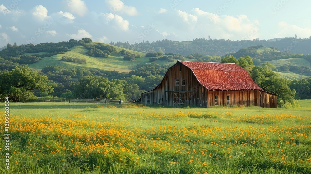 Rustic barn in wildflower field with rolling hills Rustic barn in wildflower field with rolling hills