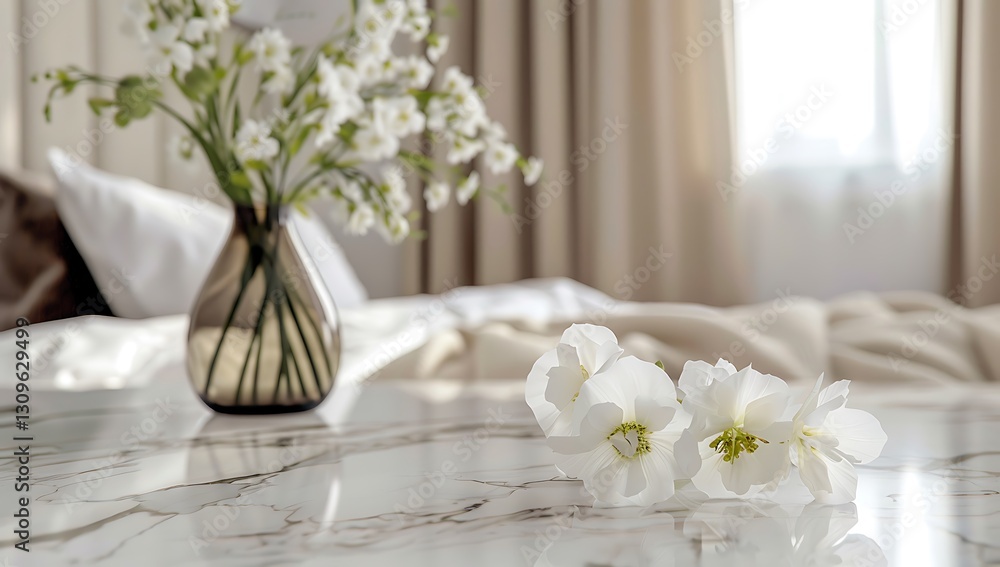 A close-up of the marble countertop in the foreground, with a blurred background featuring an elegant bedroom interior design in white and beige tones A close-up of the marble countertop in the foreground, with a blurred background featuring an elegant bedroom interior design in white and beige tones