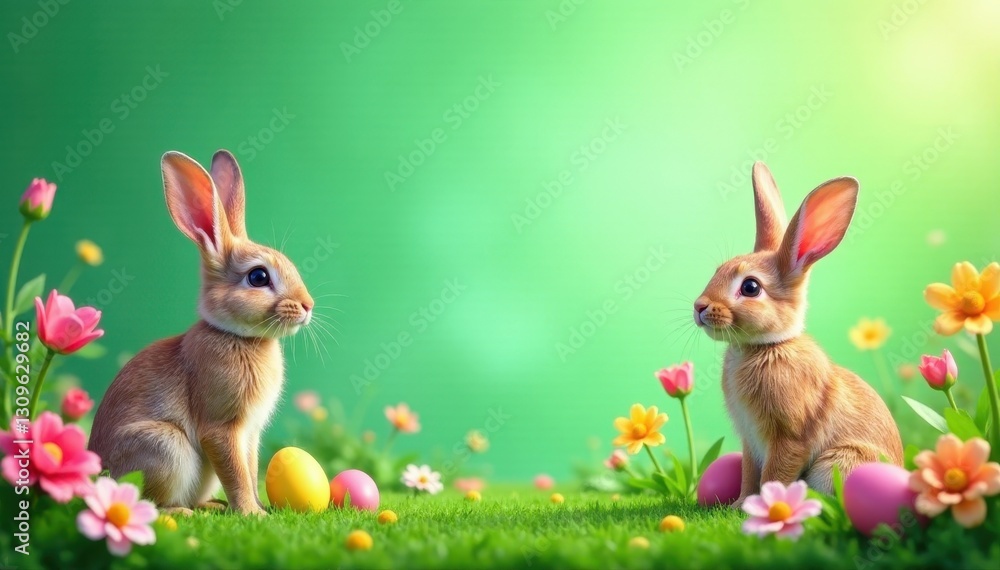 Fototapeta premium Vibrant green Easter backdrop, colorful blooms, playful bunnies , backdrop, vibrant