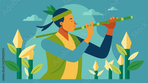 A flutist serenading listeners with a flute made from a recycled glass bottle and bamboo.. Vector illustration