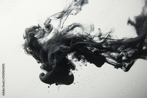 Abstract Black Ink Cloud in Water: A Mesmerizing Dance of Fluid Dynamics and Artistic Expression on a Clean, Minimalist Background