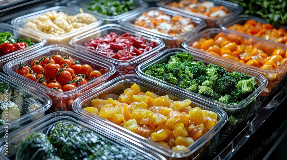 Assortment of Fresh Cut Vegetables in Plastic Containers for Salad Bar Preparation and Display Assortment of Fresh Cut Vegetables in Plastic Containers for Salad Bar Preparation and Display