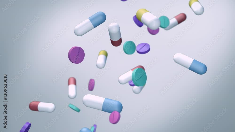 Medicine pills and tablets falling in slow motion in a seamless loop. Medical capsules health visualization background. 3d colorful pills in laboratory. Medicine pills and tablets falling in slow motion in a seamless loop. Medical capsules health visualization background. 3d colorful pills in laboratory.