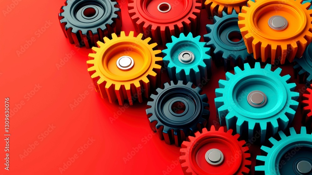 Vibrant Gears on Red Background Colorful Interlocking Cogwheels Mechanism Machinery Precision Engineering Vibrant Gears on Red Background Colorful Interlocking Cogwheels Mechanism Machinery Precision Engineering