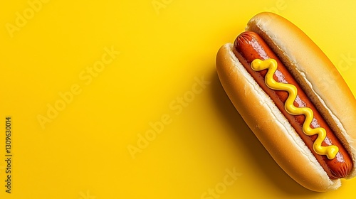 Hot Dog with Mustard on Yellow Background