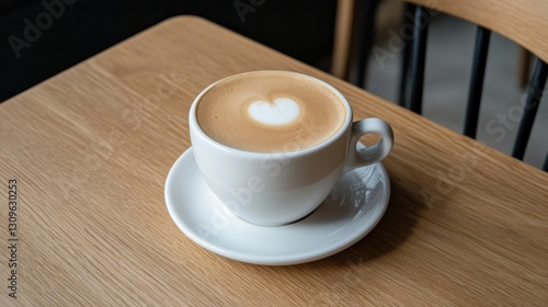 A white coffee cup with a heart on top of it sits on a wooden table